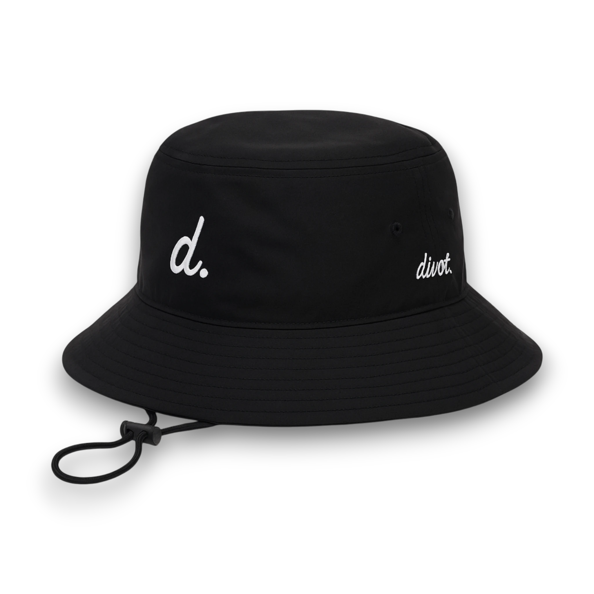 Black bucket hat with 'd' logo
