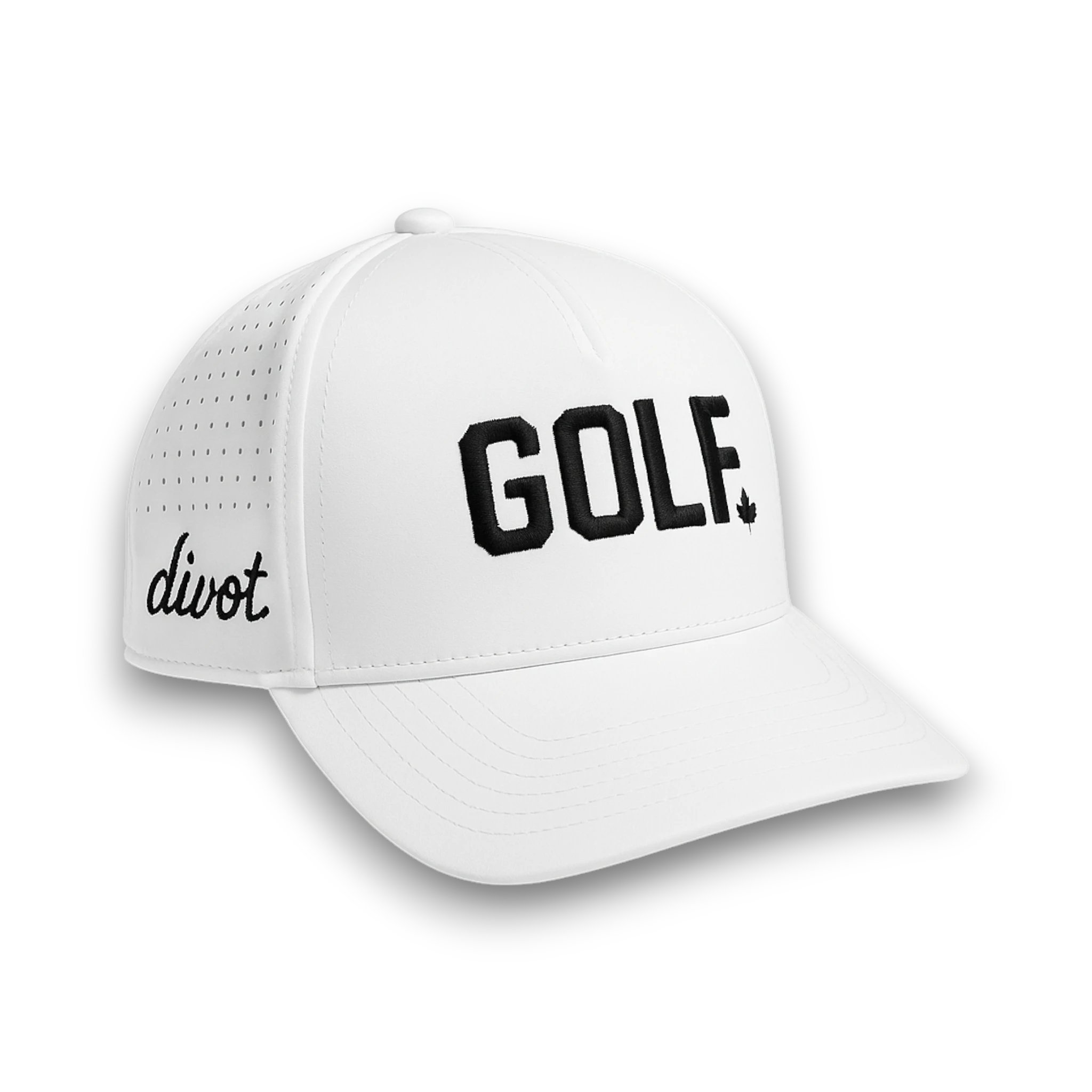 White hat with 'GOLF' text in black