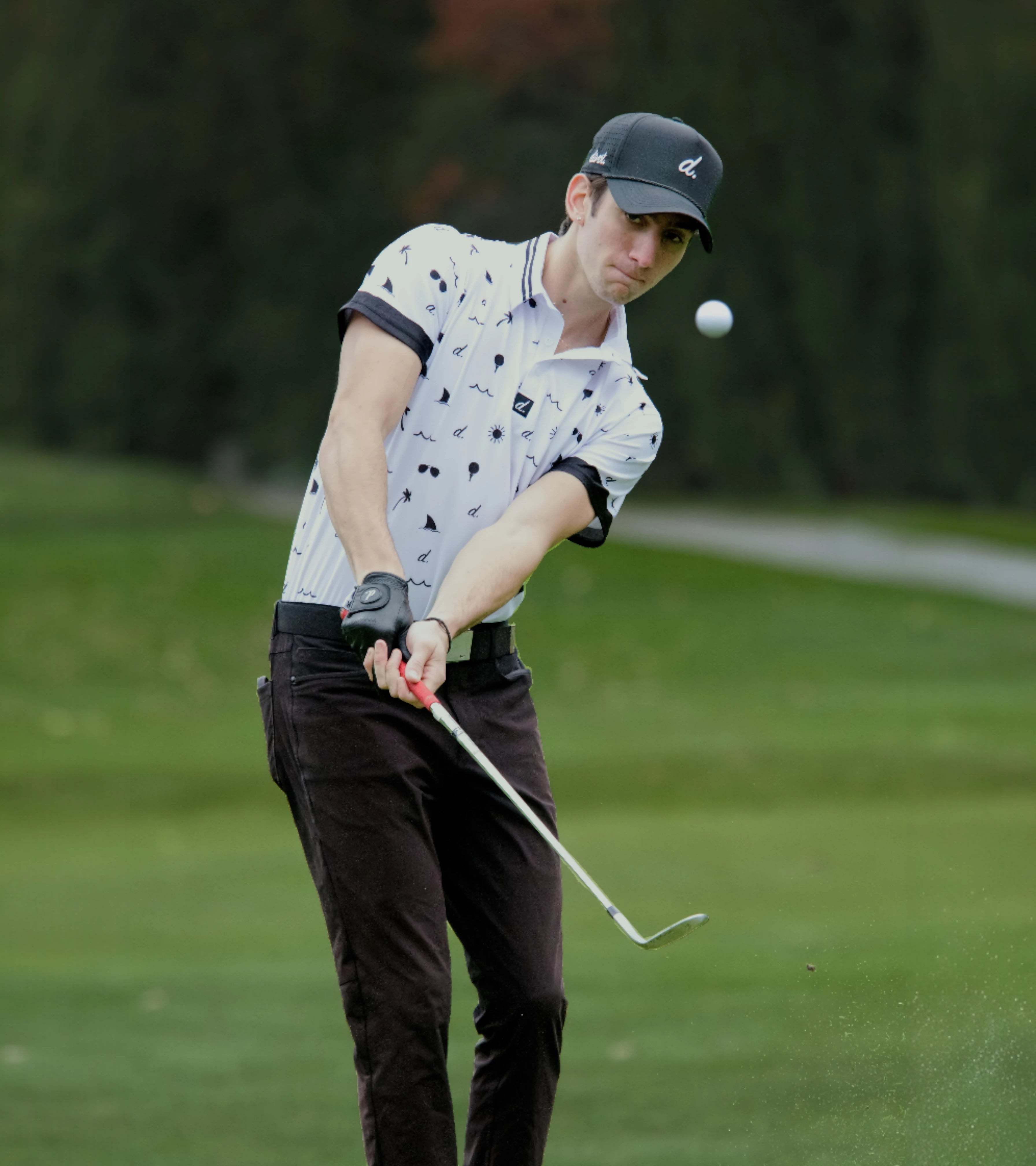 Nico playing golf on a green course with a blurred background